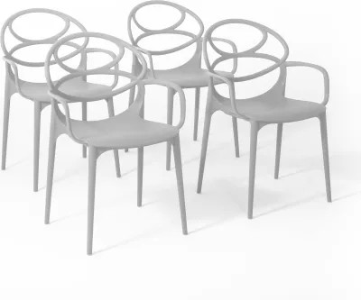 Produktbild von 4er-Set stapelbare Stühle mit Armlehnen aus glasfaserverstärktem Harz für Außenbereich, Garten, Bars und Restaurants – modernes Design – CHARLOTTE – Hellgrau