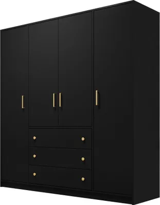 A black wardrobe with gold handles and drawers.
