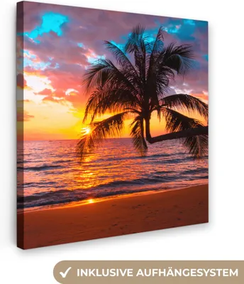 Produktbild von MuchoWow® - Leinwandbilder - Palme - Sonnenuntergang - Strand - Meer - Horizont, Wandbild, Wanddeko Bilder Wohnzimmer, 20x20 cm