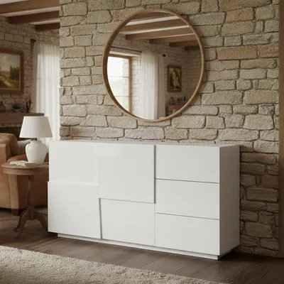 Produktbild von Kommode Ddalessi, Wohnzimmer-Buffet, Wohnzimmer-Kommode mit 2 Türen und 3 Schubladen, 180x44x86 cm, glänzendes Weiß