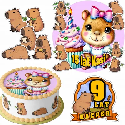 Zdjęcie produktu dla Zestaw Opłatek Na Tort 20Cm + 16 Postaci - Kapibara + Imię 15Cm 18Cm