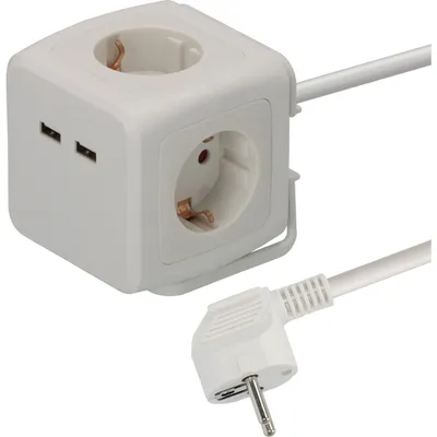 Produktbild von BAT Steckdosenwürfel 4-fach mit 2x USB (Mehrfachsteckdose mit erhöhtem Berührungsschutz und 1,4m Kabel) weiß