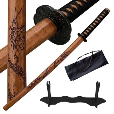 Imagen del producto de Katana de madera marrón con soporte, modelo 1807BR