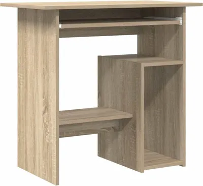 A light brown wooden desk with shelves and a keyboard tray, shown from a front-facing angle against a white background.