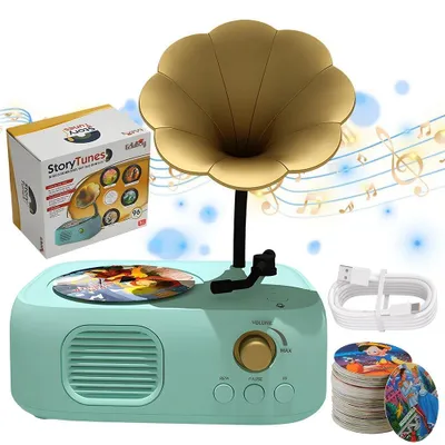 Produktbild von Interaktives Kinder Grammophon, Musikspielzeug für Kleinkinder, Wiederaufladbarer Plattenspieler mit 96 discs8 DIY-Schallplatten - Zyan