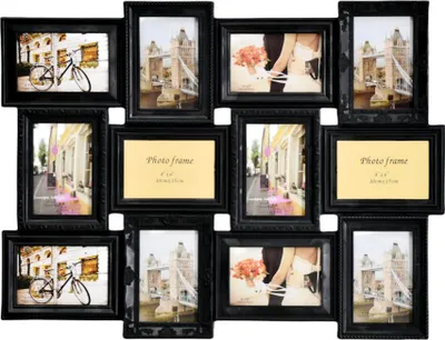 A black multi-photo frame collage displaying various images, including cityscapes with bicycles, bridges, and a couple.
