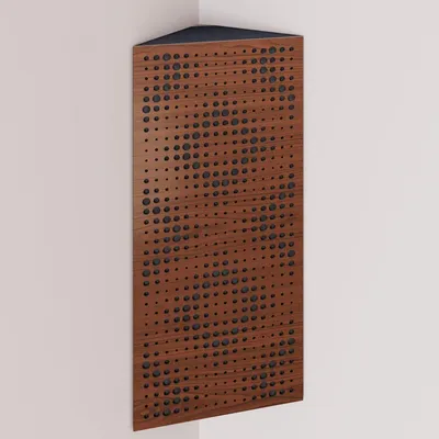 Produktbild von 2er-Pack – Schmale akustische Eck-Bassfalle mit Samtstoff | 50x23x10 cm |Reflexion - Schalldämmung | [REBAT - Nussbaum |Grau]