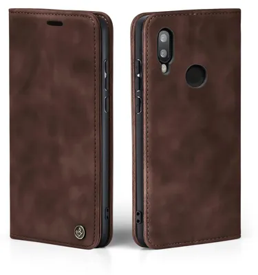 A brown flip case for a smartphone is shown from two angles, front and side.