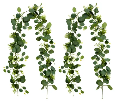 Produktbild von 2 Stück Eukalyptus-Girlanden, 1,8 m hängende Eukalyptus-Dekoration mit weißen Blumen und grünen Blättern, künstliche Girlande für Hintergrund, Hochzeitsbogen, Tischdekoration
