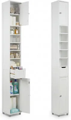 Produktbild von Famanu Badezimmerkasten Extra hoch und schmal mit Schublade und Türen - Weiß