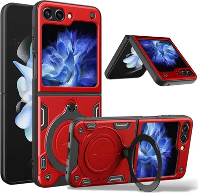 Produktbild von Handyhülle für Samsung Galaxy Z Flip 5 Dual-Layer Stoßfest Rüstung Hülle mit Dia Kameraschutz und Kreisförmig Ring Ständer Rot