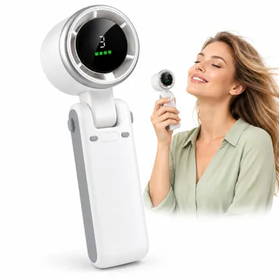 Produktbild von Handventilator klappbar mit Digitaldisplay – Mini Ventilator USB-C aufladbar, 5 Stufen, Taschenventilator mit Trageschlaufe, Tischventilator – Weiß