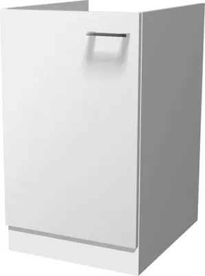 A white kitchen cabinet base unit with a silver handle.