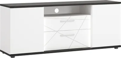 Produktbild von Lowboard in weiß Hochglanz mit Eiche schwarz, inkl. Beleuchtung, VISALIA-129