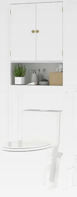 Produktbild von Toilettenschrank, Badezimmerschrank mit Türen, Überbauschrank mit verstellbarem Fach & unterer Stange, Toilettenregal platzsparend über der Toilette (Weiß)