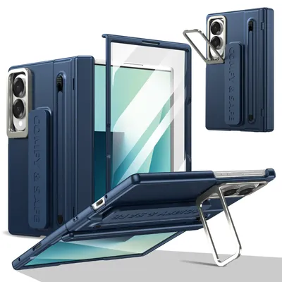 Produktbild von Schutzhülle für Samsung Galaxy Z Fold 8 mit Ständer, Scharnierschutz, Stylus & Handschlaufe, Stoßfestes PC Case Blau