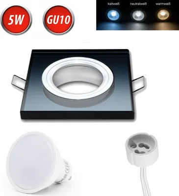 Produktbild von Einbaustrahler GU10 Einbaurahmen Glas Einbauleuchte Ø75mm Bohrloch inkl. GU10 5W Warmweiß LED Leuchtmittel Schwarz Eckig