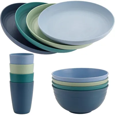Immagine prodotto di Set di stoviglie da campeggio, 12 pezzi, per 4 persone, leggero, infrangibile, impilabile, colore blu