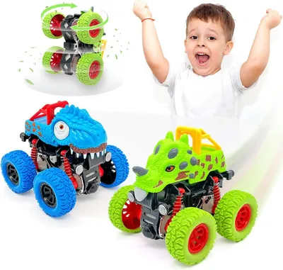 Produktbild von Dinosaurier Spielzeugauto für Kinder 2-5 Jahre - Monster Truck 2-Pack mit 360-Grad Stunt
