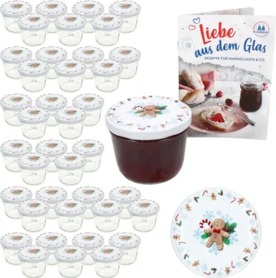 A collection of small glass jars with lids, a jar of jam, and a recipe booklet, arranged on a white background.