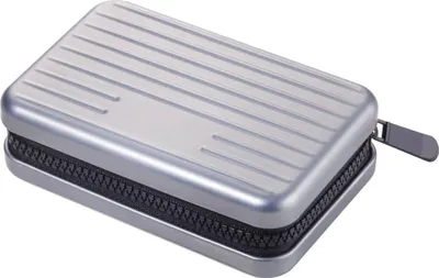 A silver card holder with a ribbed texture and a black zipper is shown against a white background.