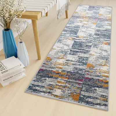 Image de Tapis Tapiso, motif Lazur, style moderne, gris, multicolore, pour salon, ÖKO-TEX, dimensions 80 x 1250 cm