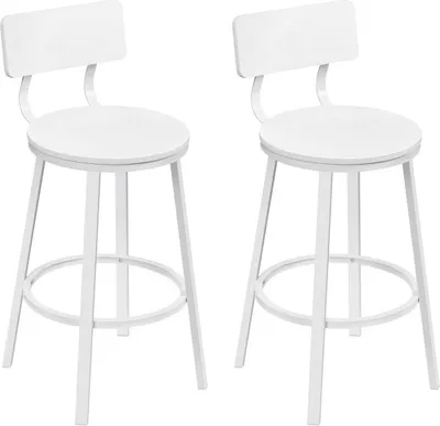 Two white bar stools with backrests and footrests are shown against a white background.