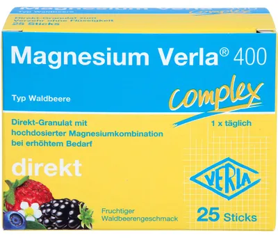 Produktbild von Magnesium Verla 400 Complex Direk-Granulat mit fruchtigem Waldbeerengeschmack, 25 St. Sticks
