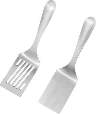 Imagen del producto de Juego de espátulas para parrilla de acero inoxidable, de 2 piezas, que incluye una espátula con ranuras, resistente al calor, ideal para la cocina