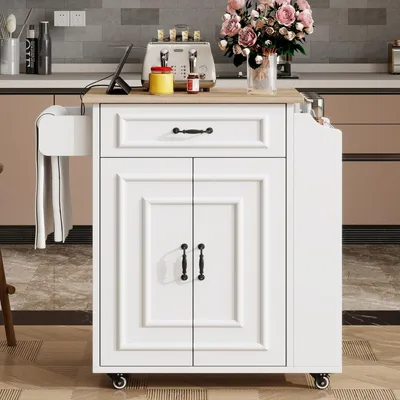 Image de Îlot de cuisine sur roulettes avec plan de travail rabattable, chariot de cuisine avec tiroir et étagère à épices, chariot de service 66 x 40-60 x 90 cm, mobile, blanc/bois