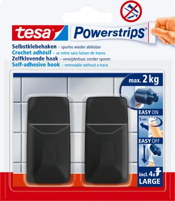 Produktbild von tesa Powerstrips Klebehaken Large Eckig - 2 x selbstklebende Wandhaken, schwarz