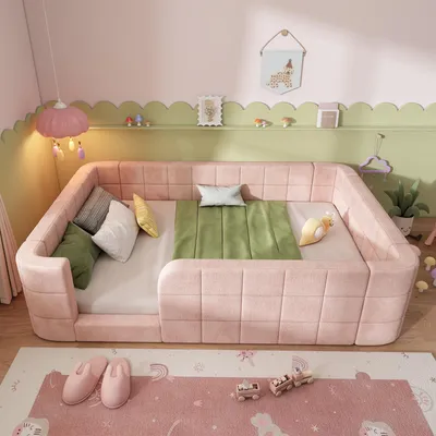 Imagen del producto de Cama infantil de 140x200 cm, color rosa, con estructura de chenilla, barandilla de protección completa, entrada baja y somier, sin colchón