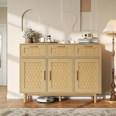 Produktbild von INONEFT Sideboard mit Stauraum,Aufbewahrungsschrank mit 3 Türen und 3 Schubladen,Rattan Kommode mit Holzbeinen,Küchenschrank,Eiche