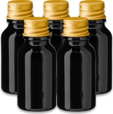 Produktbild von 5x Glasflasche schwarz 15 ml mit goldenem Aluminium Schraubverschluss