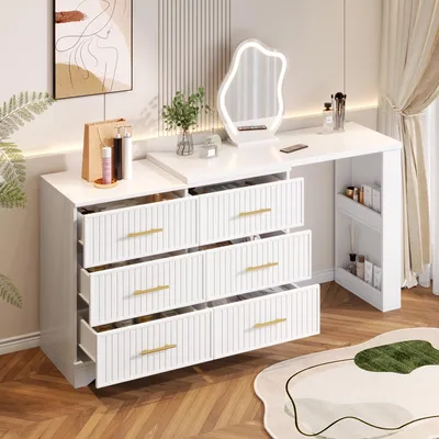Zdjęcie produktu dla Obrótowa toaletka z lustrem, toaletka z podświetleniem LED, komoda toaletowa z 6 szufladami i otwartymi półkami, biała