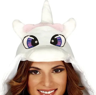 A woman wearing a white unicorn hood costume.