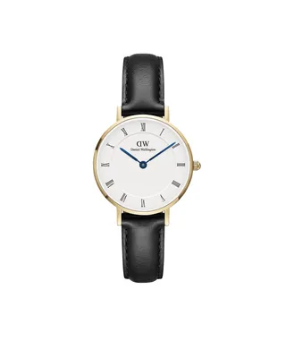 A Daniel Wellington watch with a white face and black leather strap, presented on a white background.