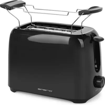 A black Emerio toaster with a chrome warming rack on top, photographed against a white background.