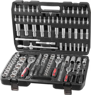 A black tool case filled with various metal tools, including sockets, ratchets, and bits.