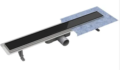 Produktbild von VOGI Duschrinne Komplettset Duschablauf aus Edelstahl mit Schwarzem Glas, Haarsieb, Siphon und Montagefüßen, Doppelkammer Bodenablauf, Länge 60 cm