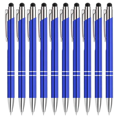 Produktbild von 10 Stück Druckkugelschreiber mit schwarzer Tinte, 2-in-1 Touchpen Kugelschreiber für Tablet Smartphone, Metallgehäuse, für Büro Haushalt (0,7 mm blau)