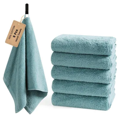 Produktbild von Set von 6 blauen Handtüchern 100% Baumwolle weich und saugfähig mit Aufhängeschlaufe
