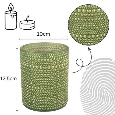 Produktbild von Windlicht-Set Nelle, Glas, 2er-Set, Grün, 10 und 12,5 cm, Teelichthalter, Kerzenhalter-Set, rund, strukturierte Kerzendekoration für Wohnzimmer, Tischdekoration, Sideboard, Fensterbank, Boho-, Vintage- und orientalische Dekoration