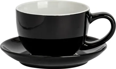 Produktbild von Argon Ta Farbiges Cappuccinotassen- und Untertassen-Set – 250 ml – Schwarz – Robuste Teetasse aus Steingut, spülmaschinen- und mikrowellengeeignet