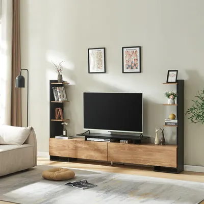 Produktbild von Fernsehschrank 'Rauki' mit Seitenregalen 233 x 31 x 141 cm Schwarz/Mango-Holzoptik