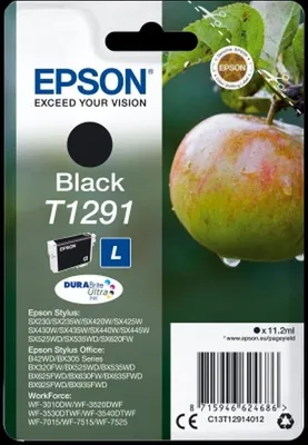 Produktbild von Epson Apple T1291 Apfel DURABrite Ultra Single Black Tinte, Schwarz, Tinte auf Pigmentbasis, 11,2 ml, 1 Stück(e), 385 Seiten