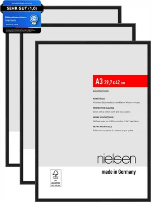 Three black picture frames are stacked on a white background. The front frame has text and branding information.