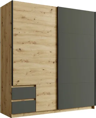 Image de Armoire 180cm avec 2 portes coulissantes et 2 tiroirs coloris chêne et gris anthracite. Collection ARIELLE