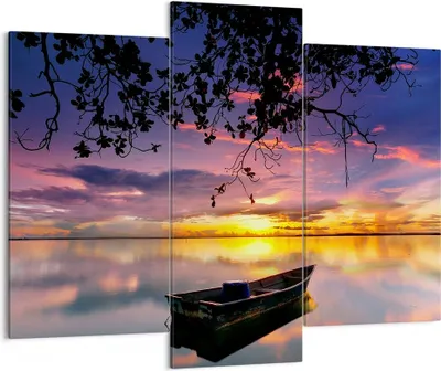 Produktbild von Bild auf Leinwand - Leinwandbild - Boot Sonnenuntergang See Himmel - 130x100cm - Wand Bild - Wanddeko - Leinwanddruck - Bilder - Kunstdruck - Leinwand bilder - Wandkunst - CB130x100-2967
