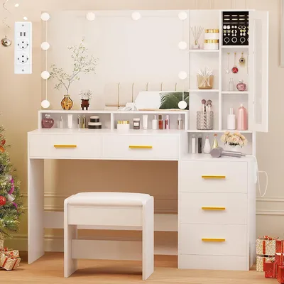 Immagine prodotto di Ampia toeletta bianca con illuminazione LED, specchio, sgabello, 5 cassetti, anta in vetro, 140x115x40cm